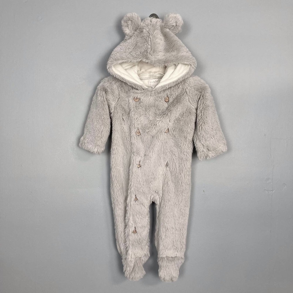 MUD Pie Size Soft Silky Gray Teddy Bear Snowsuit Wooden Buttons Size 0-6 mos